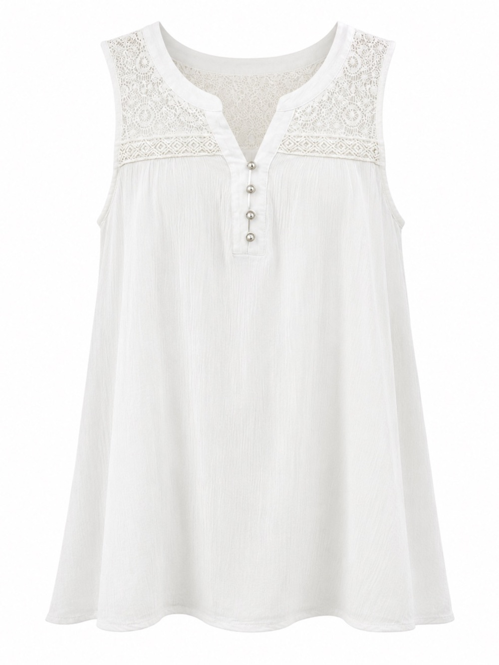 Naif Petite White Sleeveless Top With Lace Yoke Button Details & Textured Rayon
